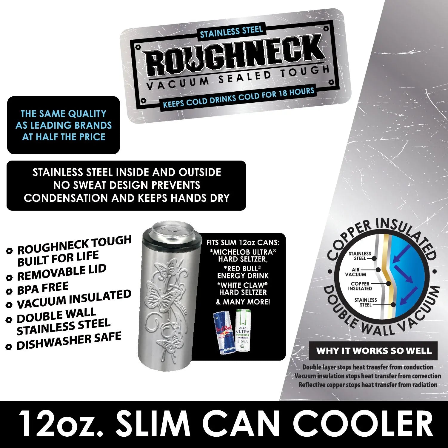 Metal Insulated Slim Can Cooler - 6 Pieces Per Retail Ready Display 22270 ROUGHNECK