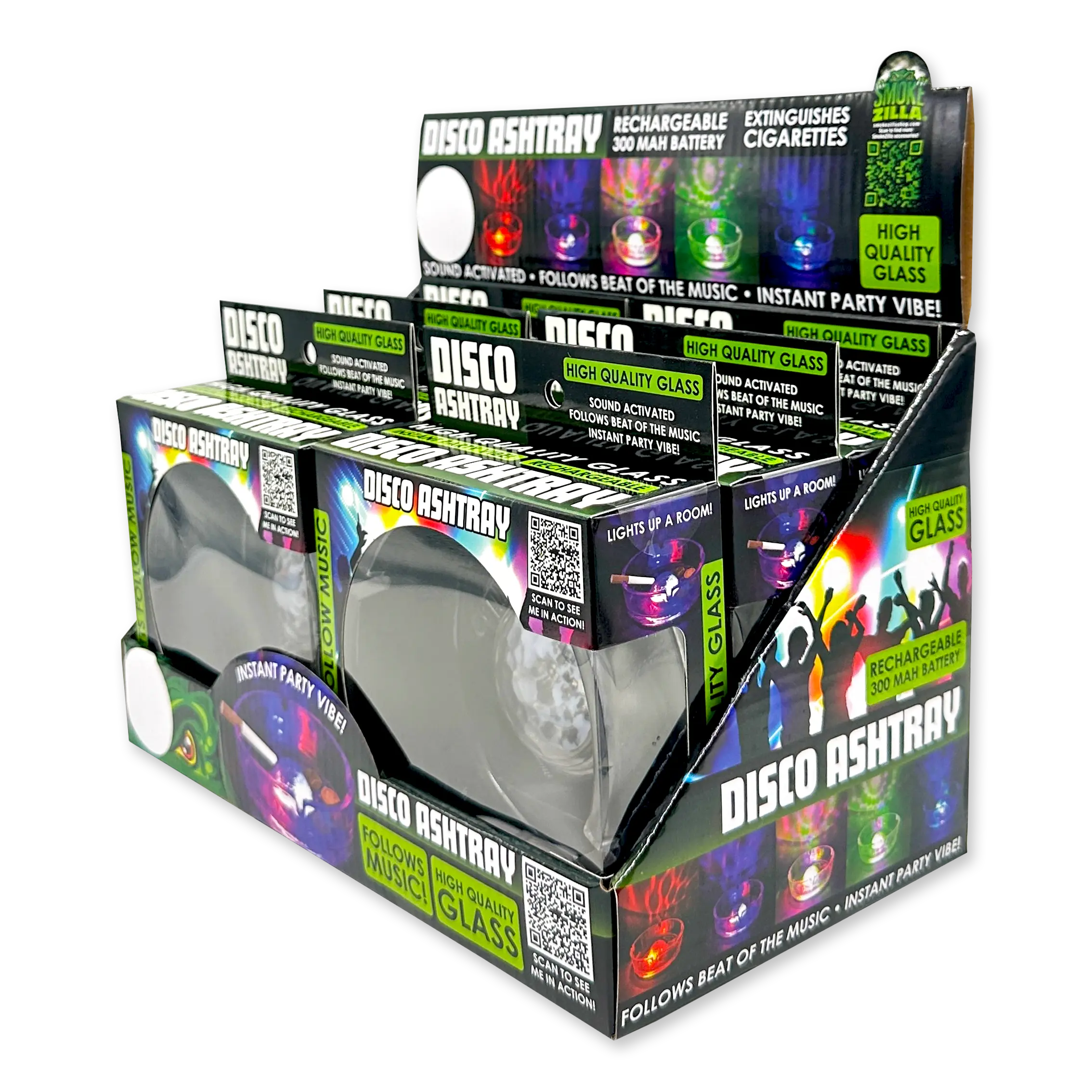 Disco Glass Ashtray with Sound Activated LED Lights - 6 Pieces Per Retail Ready Display 23743 SMOKEZILLA