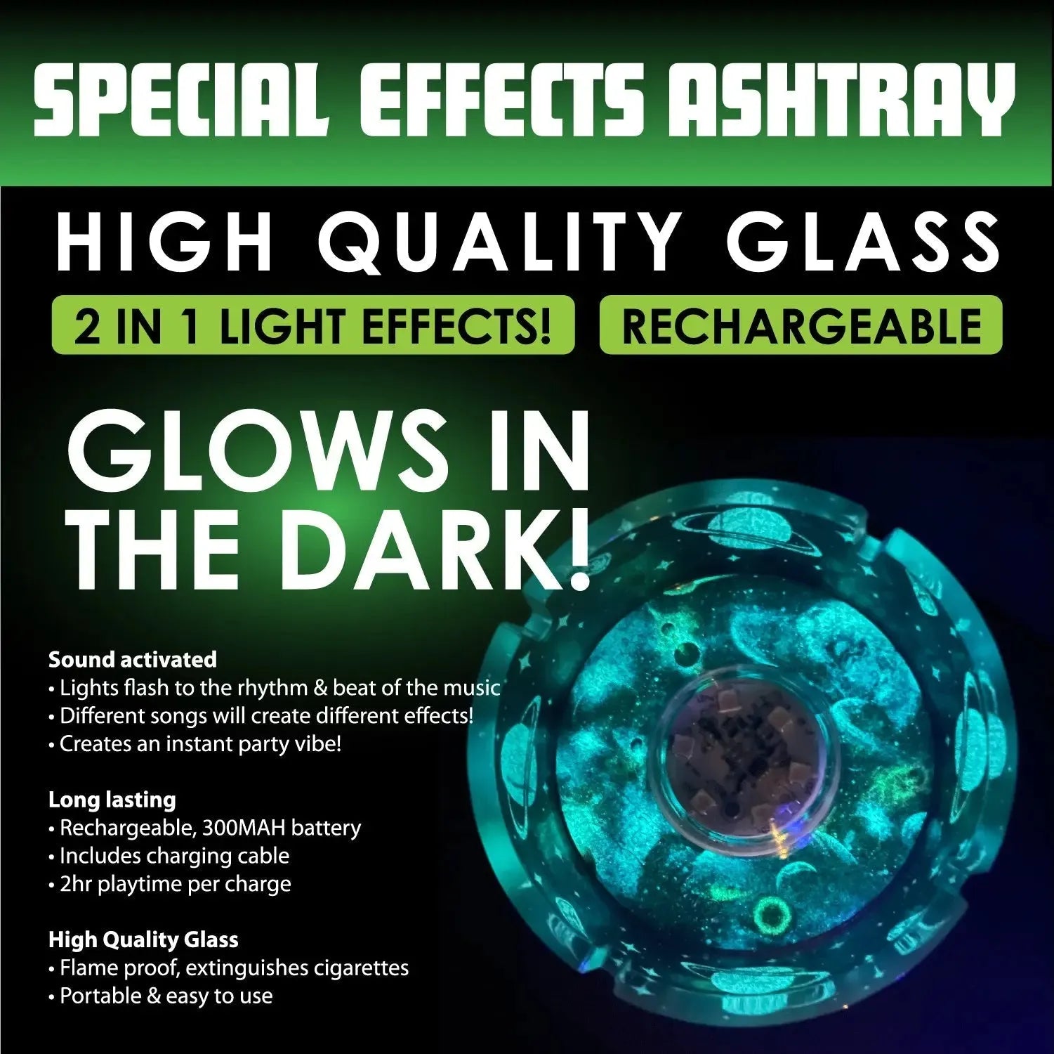 Light-Up Glass Ashtray with Multi-Color LED Lights - 6 Pieces Per Retail Ready Display 23744 SMOKEZILLA
