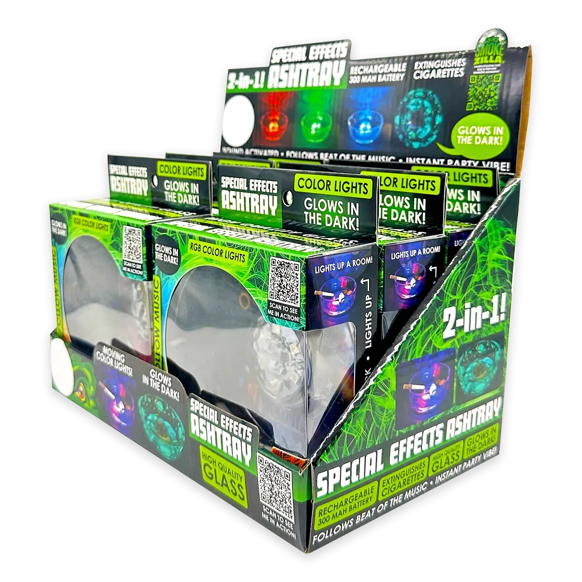 Light-Up Glass Ashtray with Multi-Color LED Lights - 6 Pieces Per Retail Ready Display 23744 SMOKEZILLA