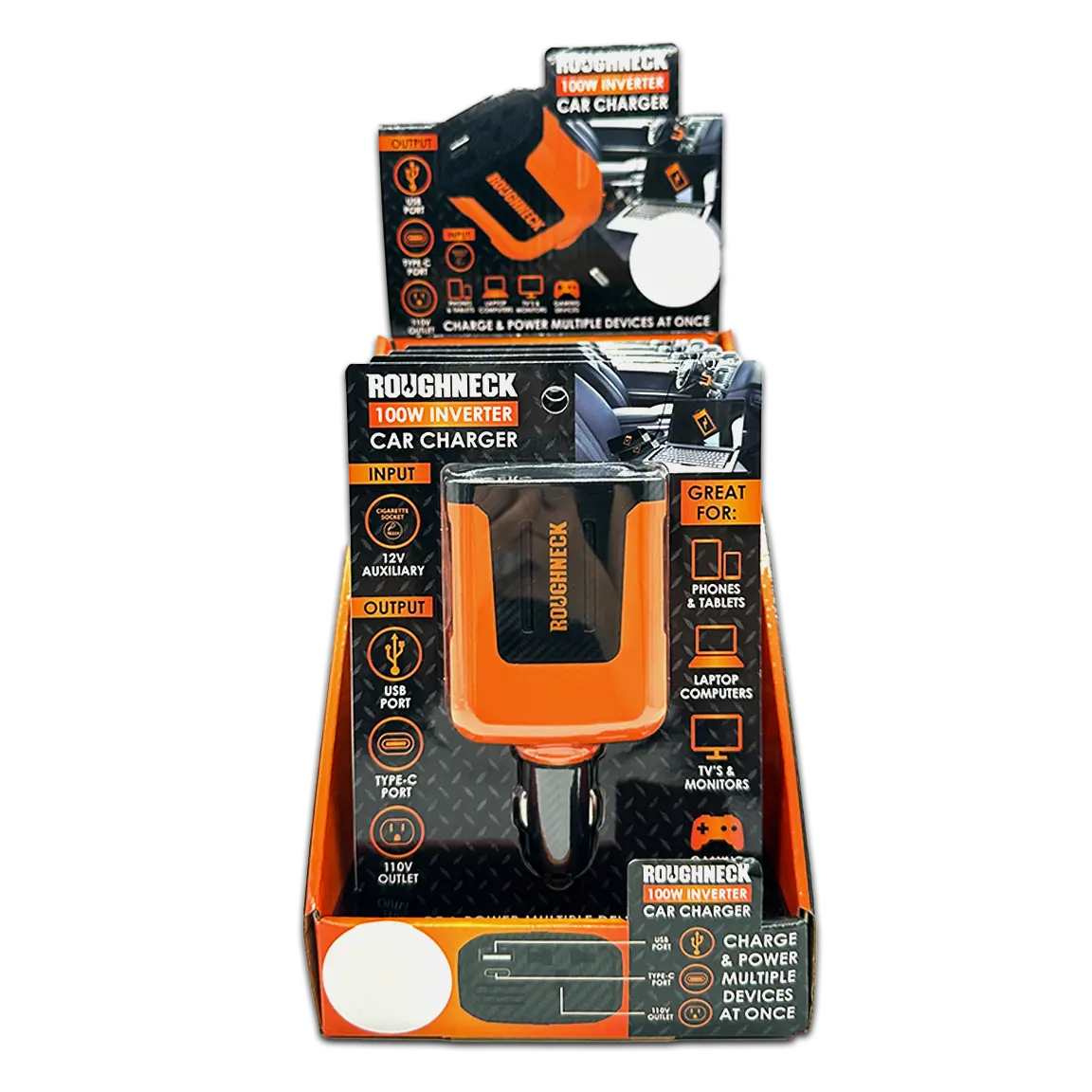 Car Charger DC 3 Port USB / USB-C / 120V Outlet 100 Watts - 4 Pieces Per Retail Ready Display 23861MN ROUGHNECK