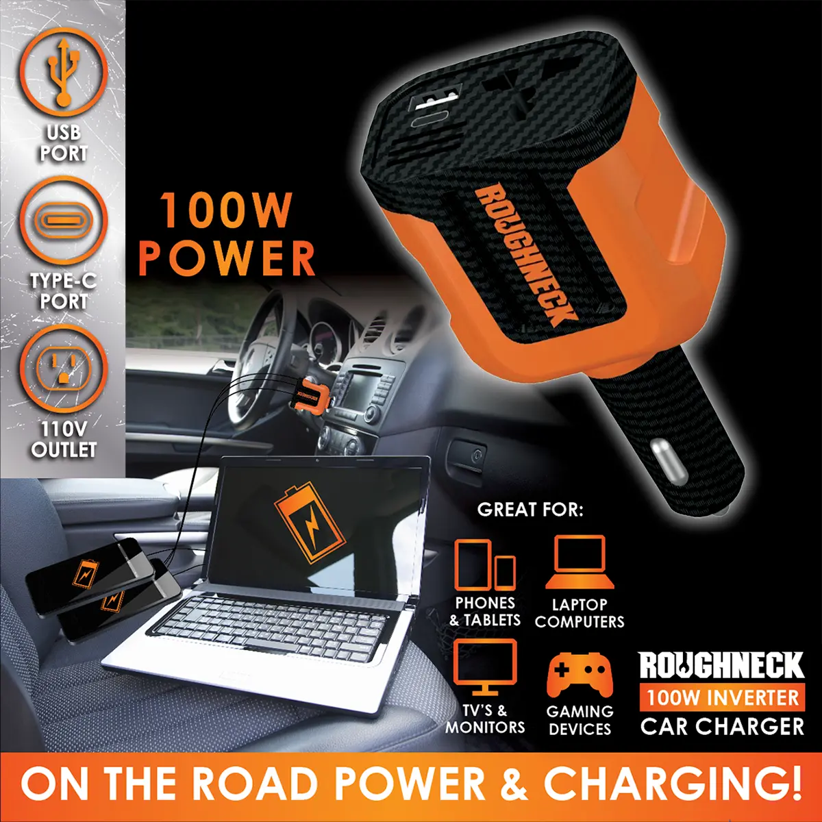 Car Charger DC 3 Port USB / USB-C / 120V Outlet 100 Watts - 4 Pieces Per Retail Ready Display 23861MN ROUGHNECK