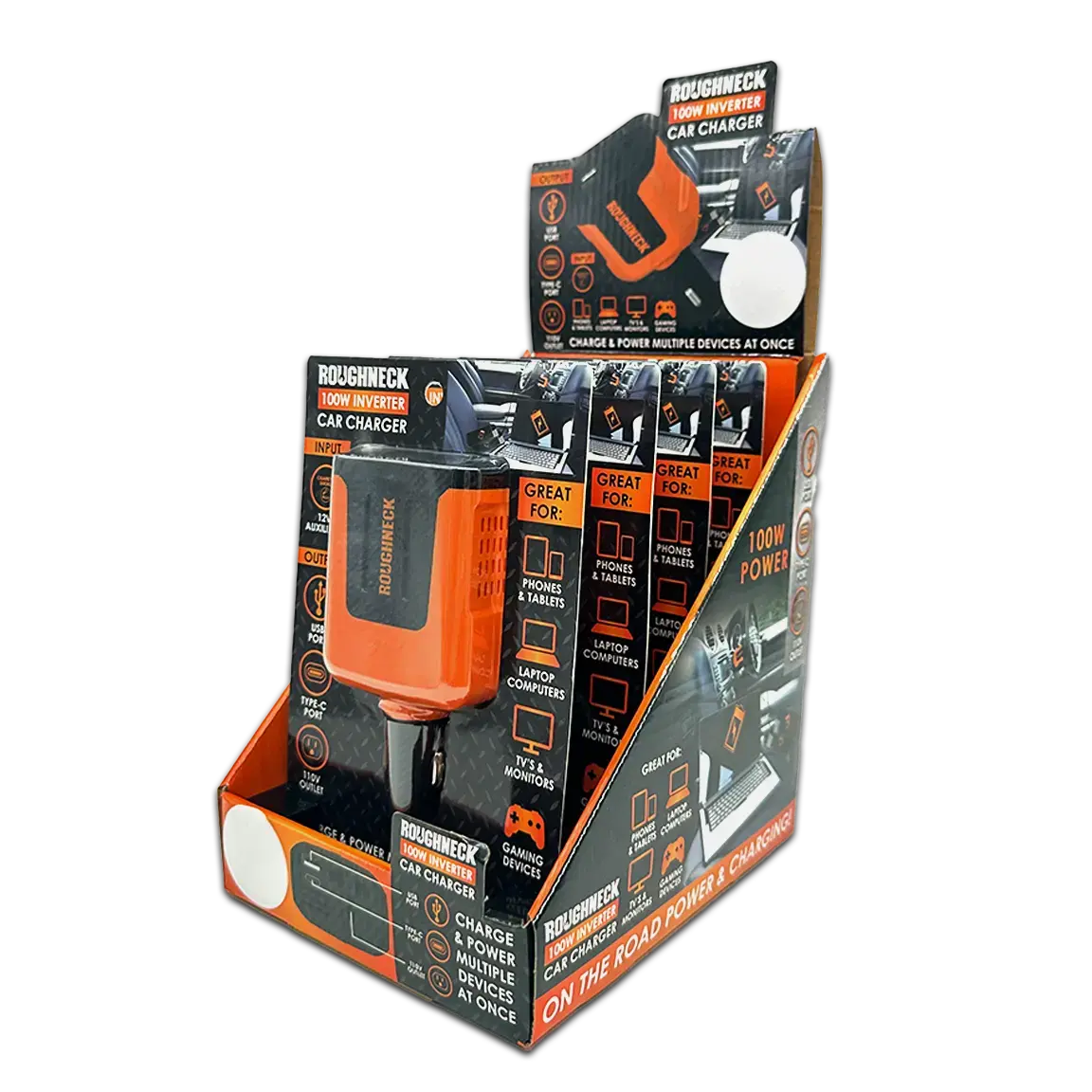 Car Charger DC 3 Port USB / USB-C / 120V Outlet 100 Watts - 4 Pieces Per Retail Ready Display 23861MN ROUGHNECK