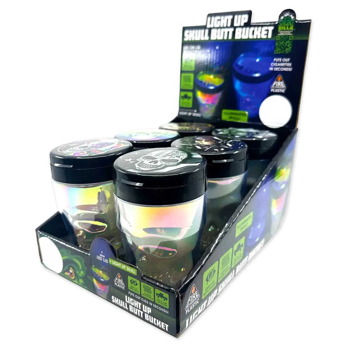Printed Lid Light-Up Skull Butt Bucket Ashtray - 6 Pieces Per Retail Ready Display 23981 SMOKEZILLA