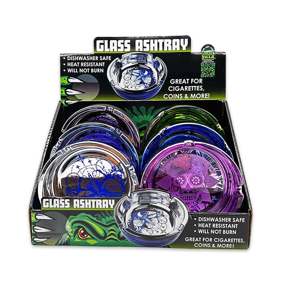 Glass Metal Plated Round Ashtray - 6 Pieces Per Retail Ready Display 25079 SMOKEZILLA