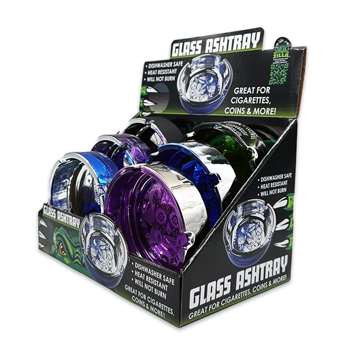 Glass Metal Plated Round Ashtray - 6 Pieces Per Retail Ready Display 25079 SMOKEZILLA