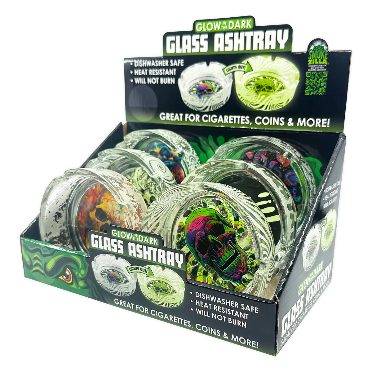 Glow in The Dark Glass Ashtray - 6 Pieces Per Retail Ready Display 25135 SMOKEZILLA