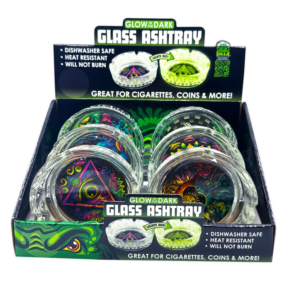 Glow in The Dark Glass Ashtray - 6 Pieces Per Retail Ready Display 25136 SMOKEZILLA