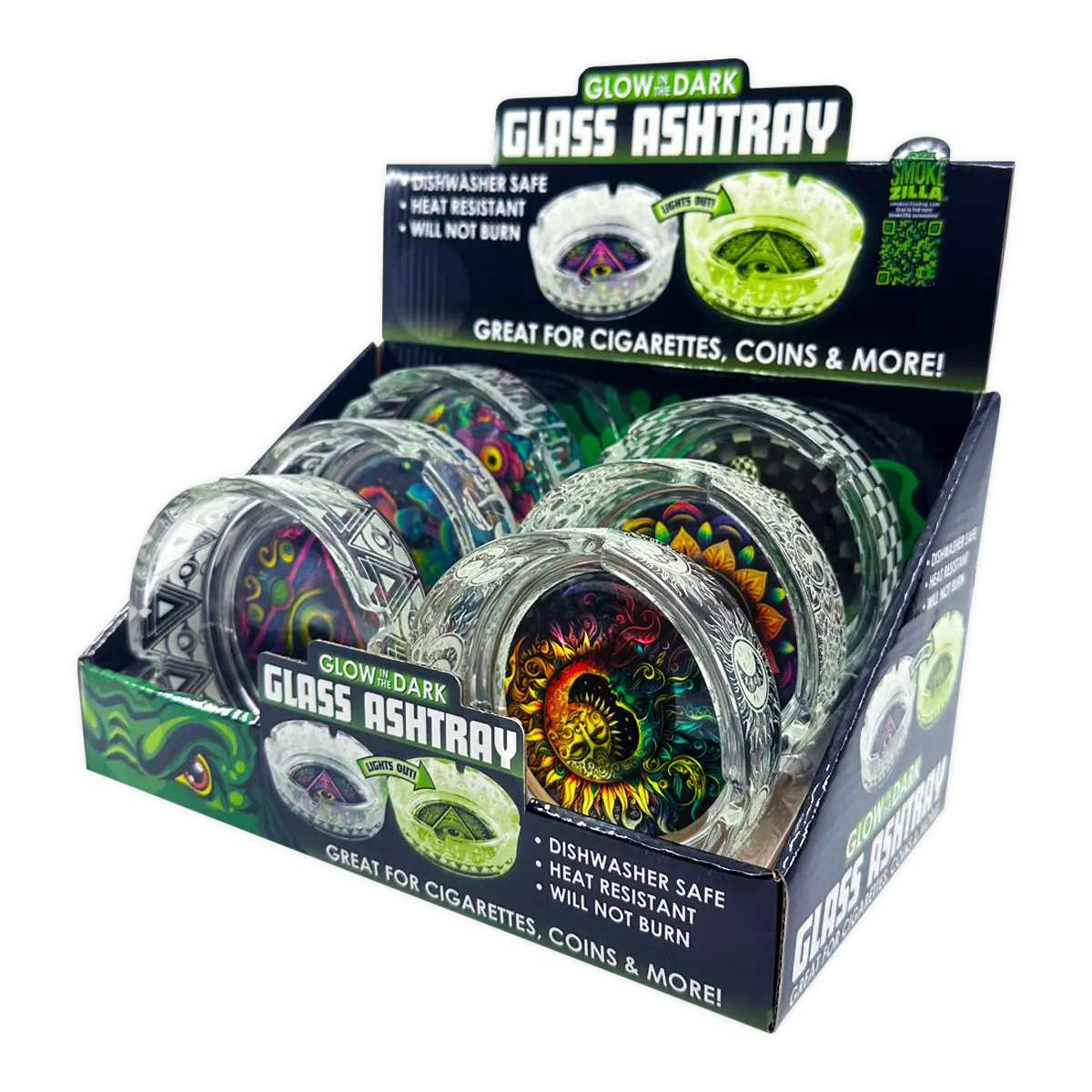 Glow in The Dark Glass Ashtray - 6 Pieces Per Retail Ready Display 25136 SMOKEZILLA