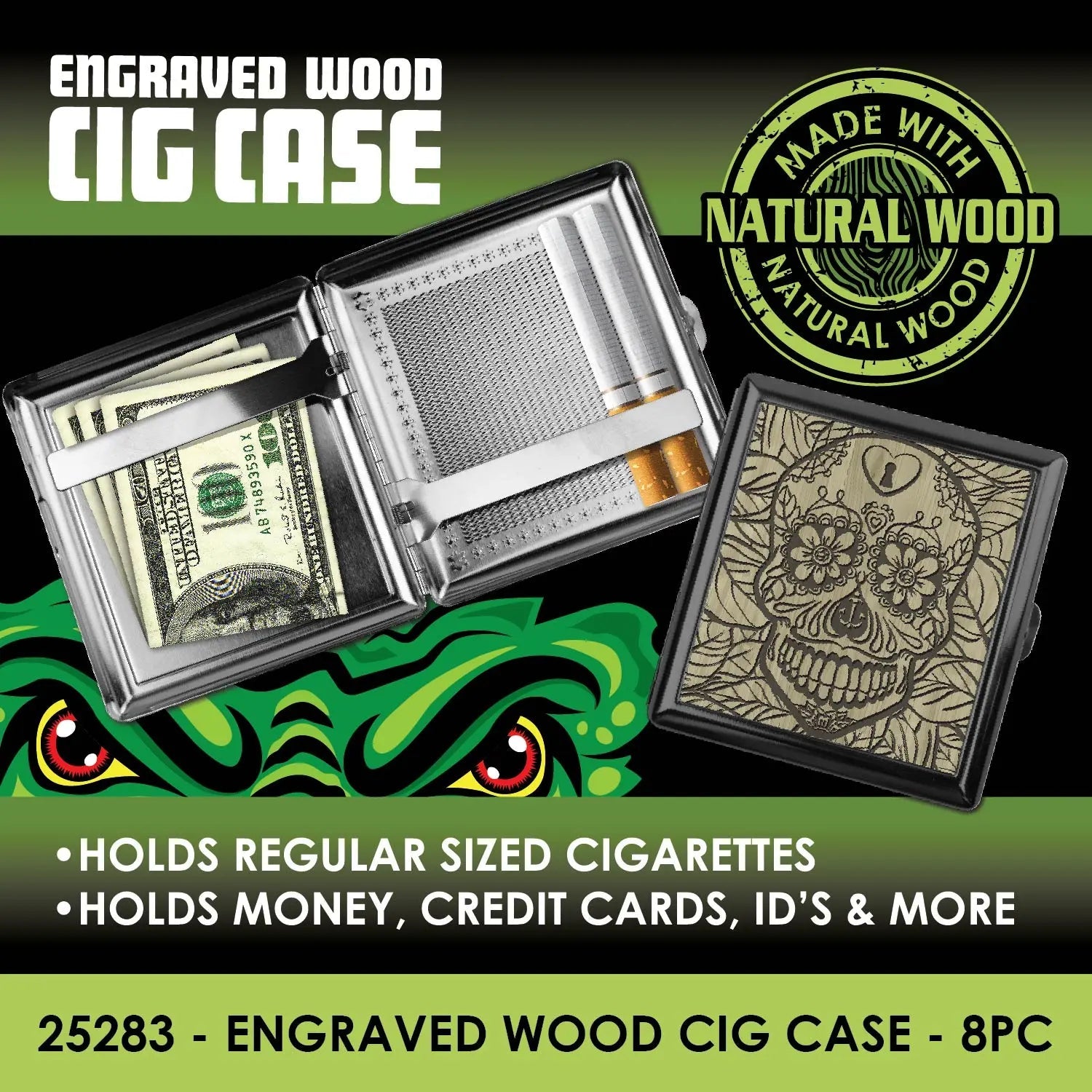 Engraved Wood Cigarette Case - 8 Pieces Per Retail Ready Display 25283 SMOKEZILLA