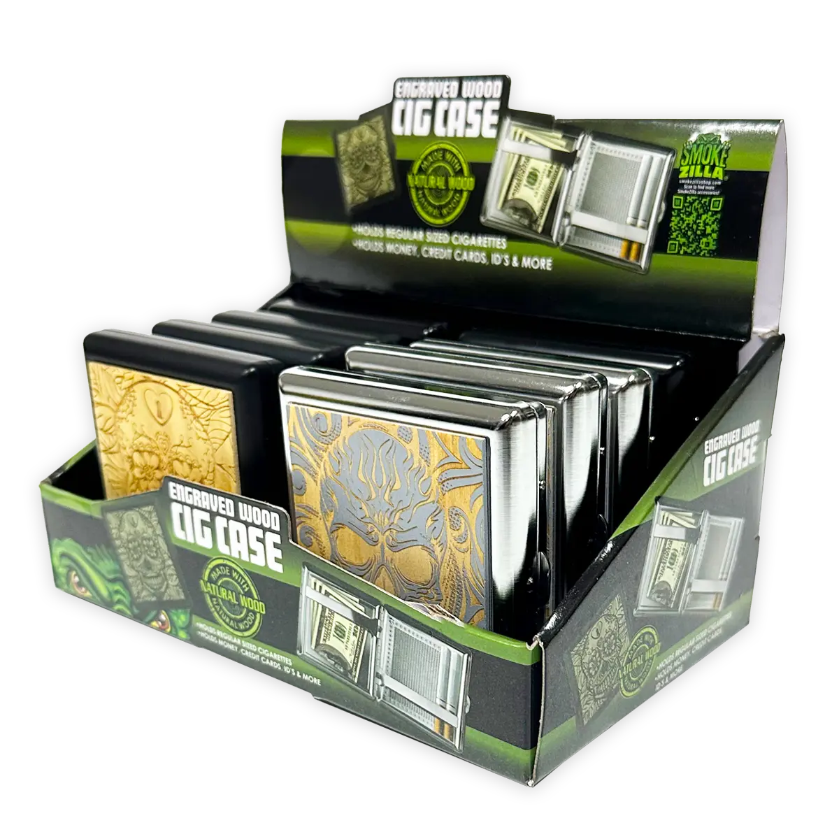 Engraved Wood Cigarette Case - 8 Pieces Per Retail Ready Display 25283 SMOKEZILLA