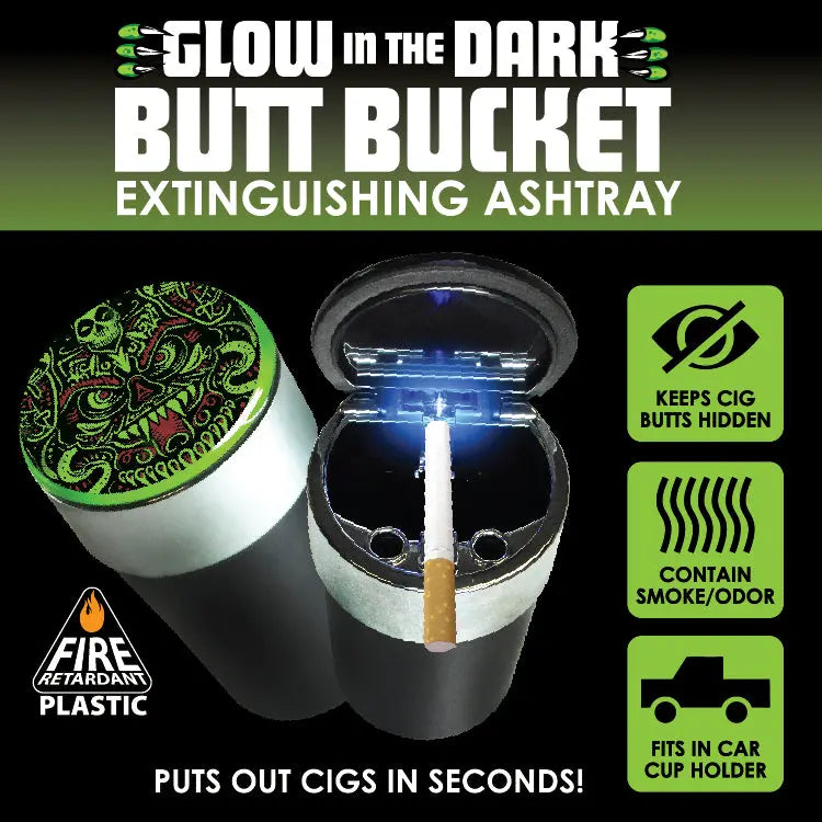 Glow In The Dark Lid Butt Bucket Ashtray with LED Light - 6 Per Retail Ready Display 25397 SMOKEZILLA