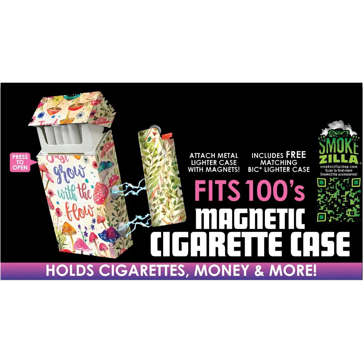 100s Cigarette Storage Case With Magnetic Lighter Case - 8 Pieces Per Retail Ready Display 25481 SMOKEZILLA