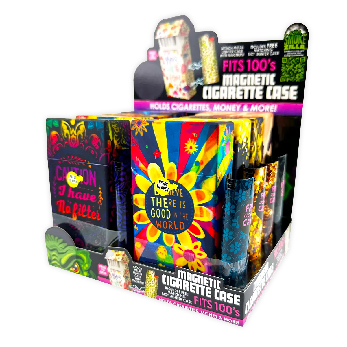 100s Cigarette Storage Case With Magnetic Lighter Case - 8 Pieces Per Retail Ready Display 25481 SMOKEZILLA