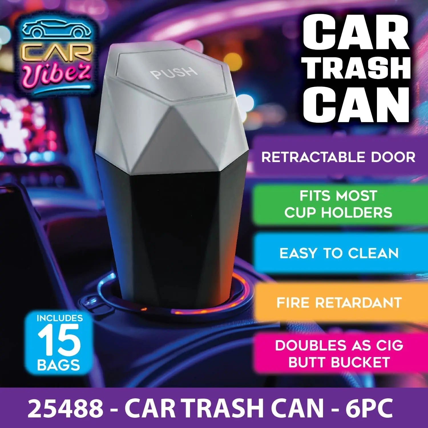 Mini Car Trash Can Accessory - 6 Pieces Per Retail Ready Display 25488 CAR VIBEZ