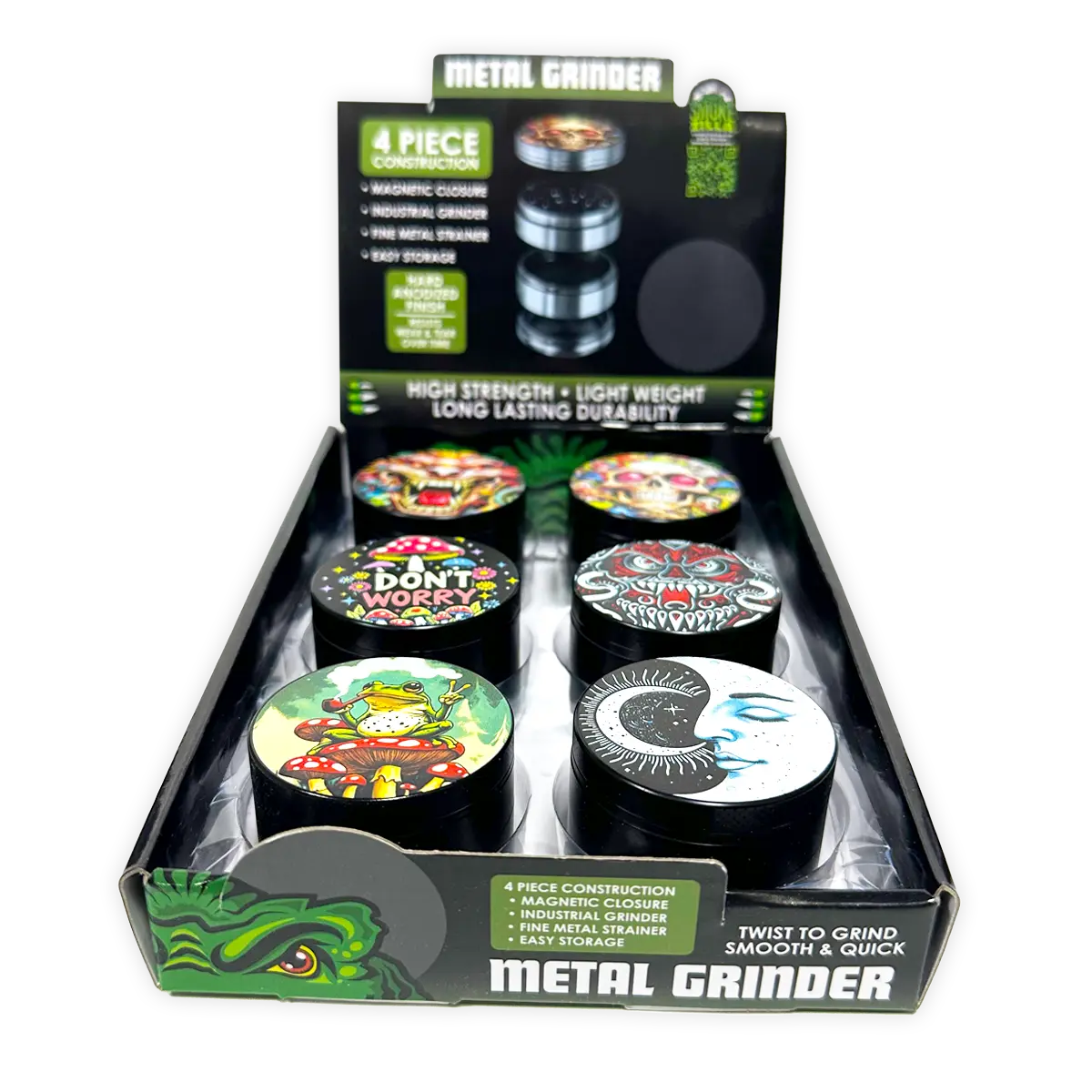 Metal 4 Piece Grinder with Printed Top - 6 Pieces Per Retail Ready Display 25551 SMOKEZILLA