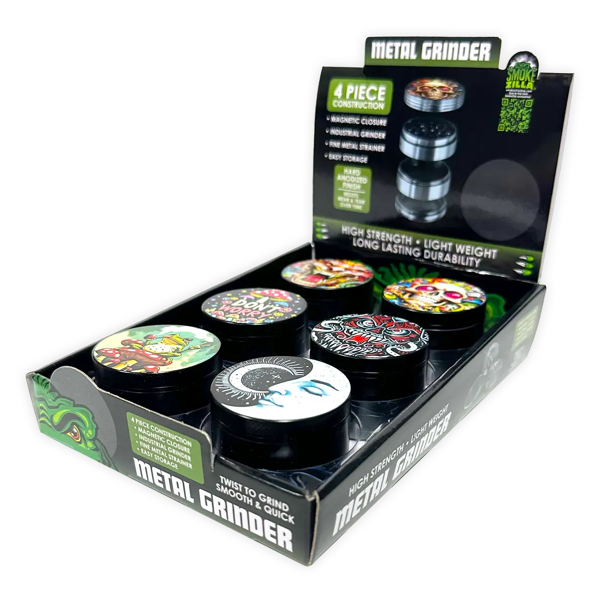 Metal 4 Piece Grinder with Printed Top - 6 Pieces Per Retail Ready Display 25551 SMOKEZILLA