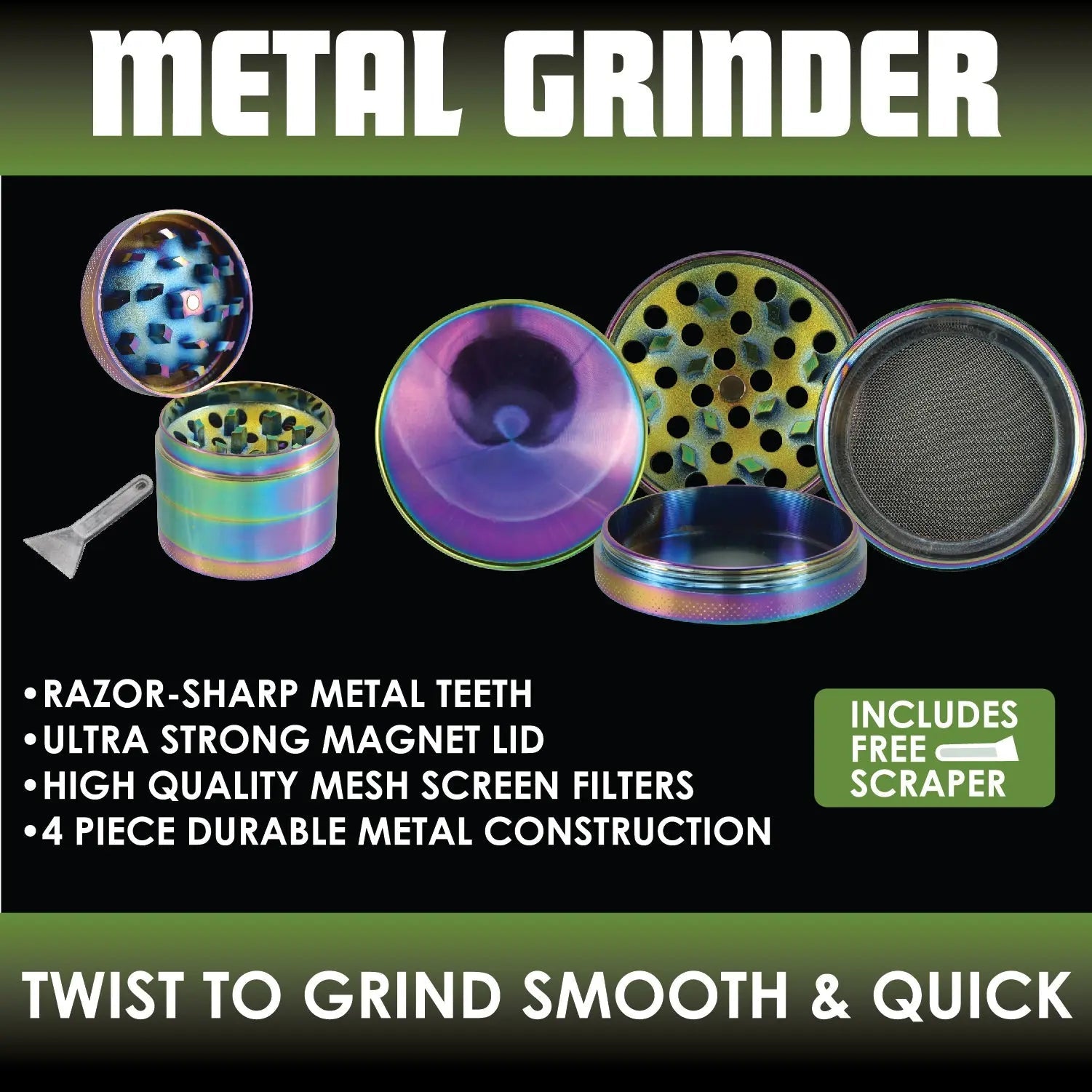 Metal 4 Piece Grinder with Printed Top - 6 Pieces Per Retail Ready Display 25552 SMOKEZILLA