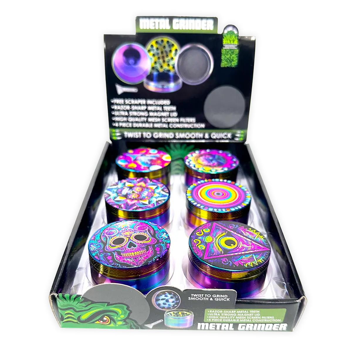 Metal 4 Piece Grinder with Printed Top - 6 Pieces Per Retail Ready Display 25552 SMOKEZILLA