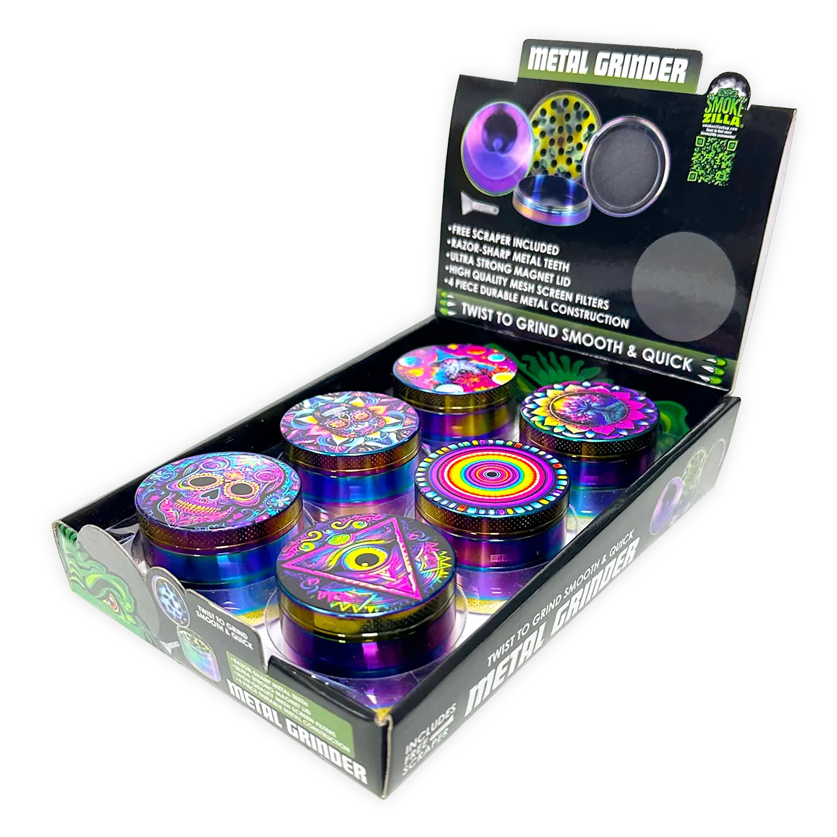 Metal 4 Piece Grinder with Printed Top - 6 Pieces Per Retail Ready Display 25552 SMOKEZILLA