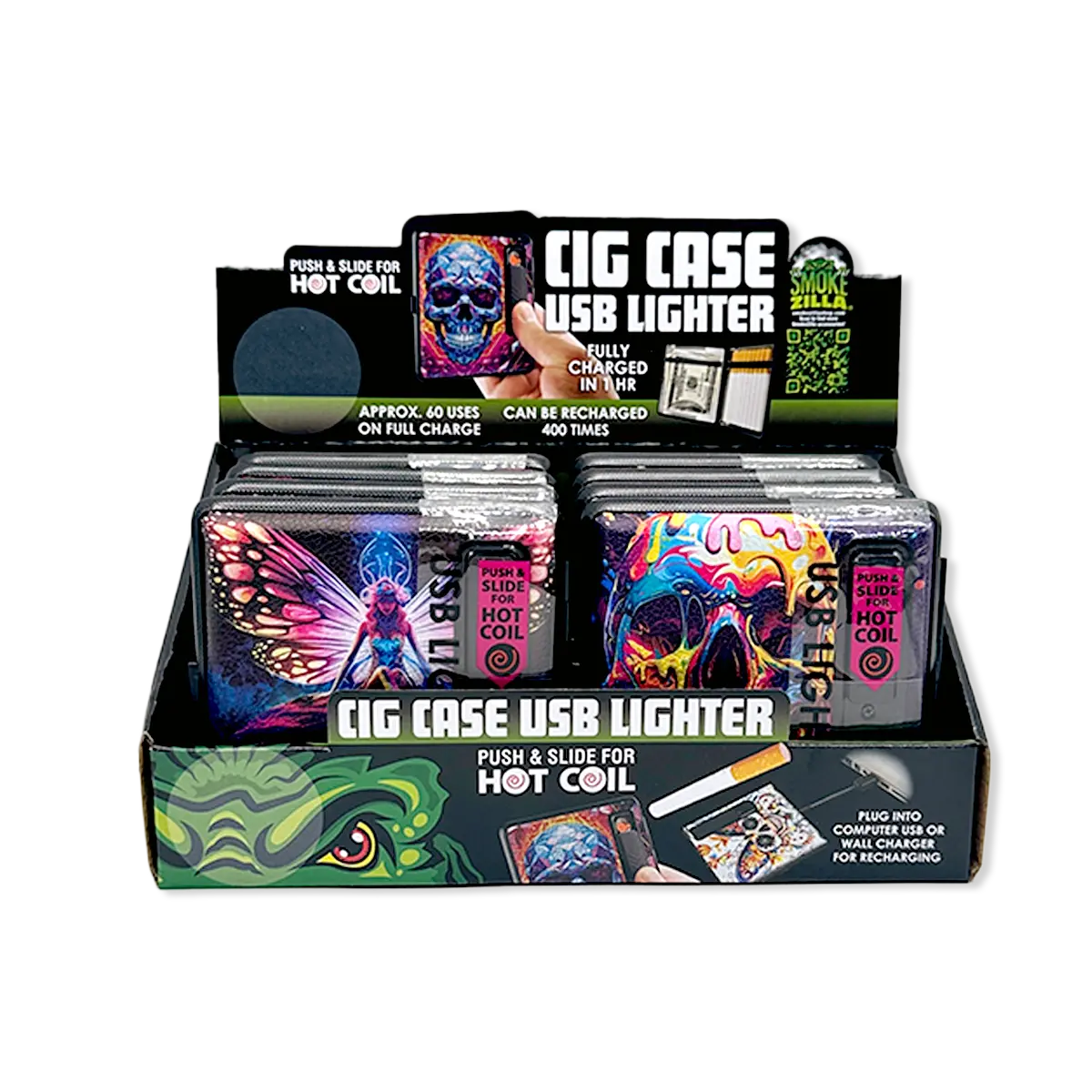 Cigarette Case with USB Coil Lighter - 8 Pieces Per Retail Ready Display 25633 SMOKEZILLA