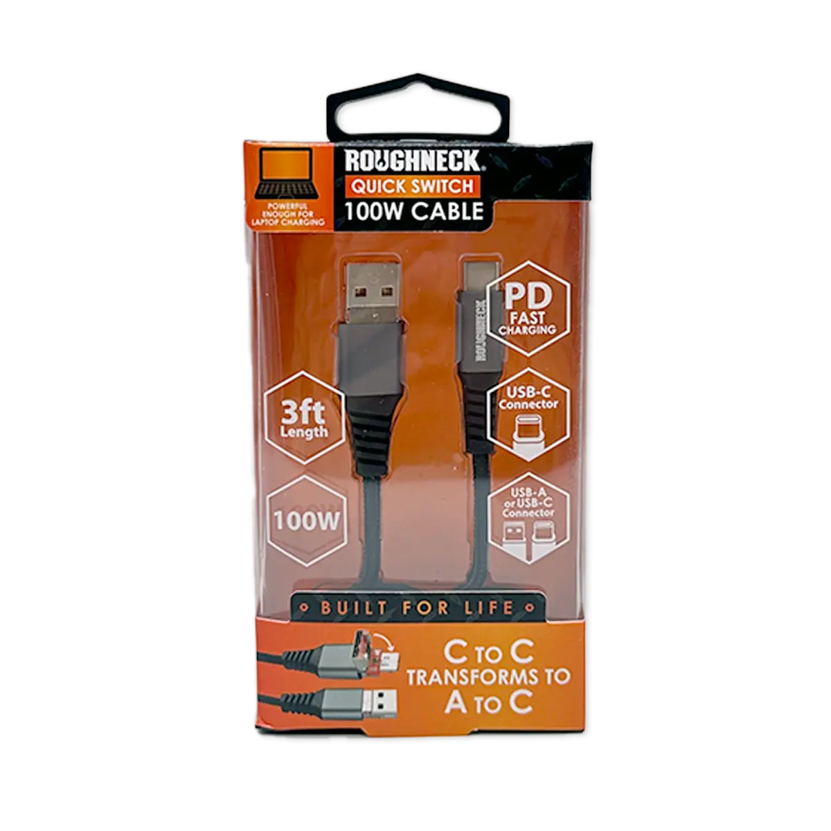 Charging Cable Quick Switch 2 in 1 Multi-Head USB to USB-C 3FT 100W - 6 Pieces Per Retail Ready Display 25695 ROUGHNECK
