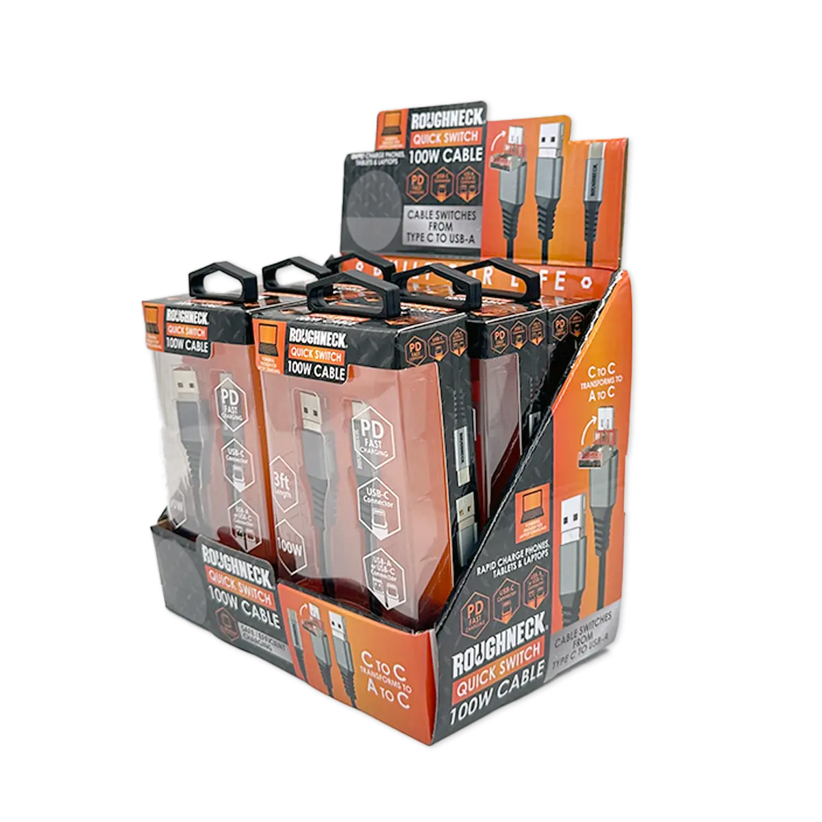 Charging Cable Quick Switch 2 in 1 Multi-Head USB to USB-C 3FT 100W - 6 Pieces Per Retail Ready Display 25695 ROUGHNECK