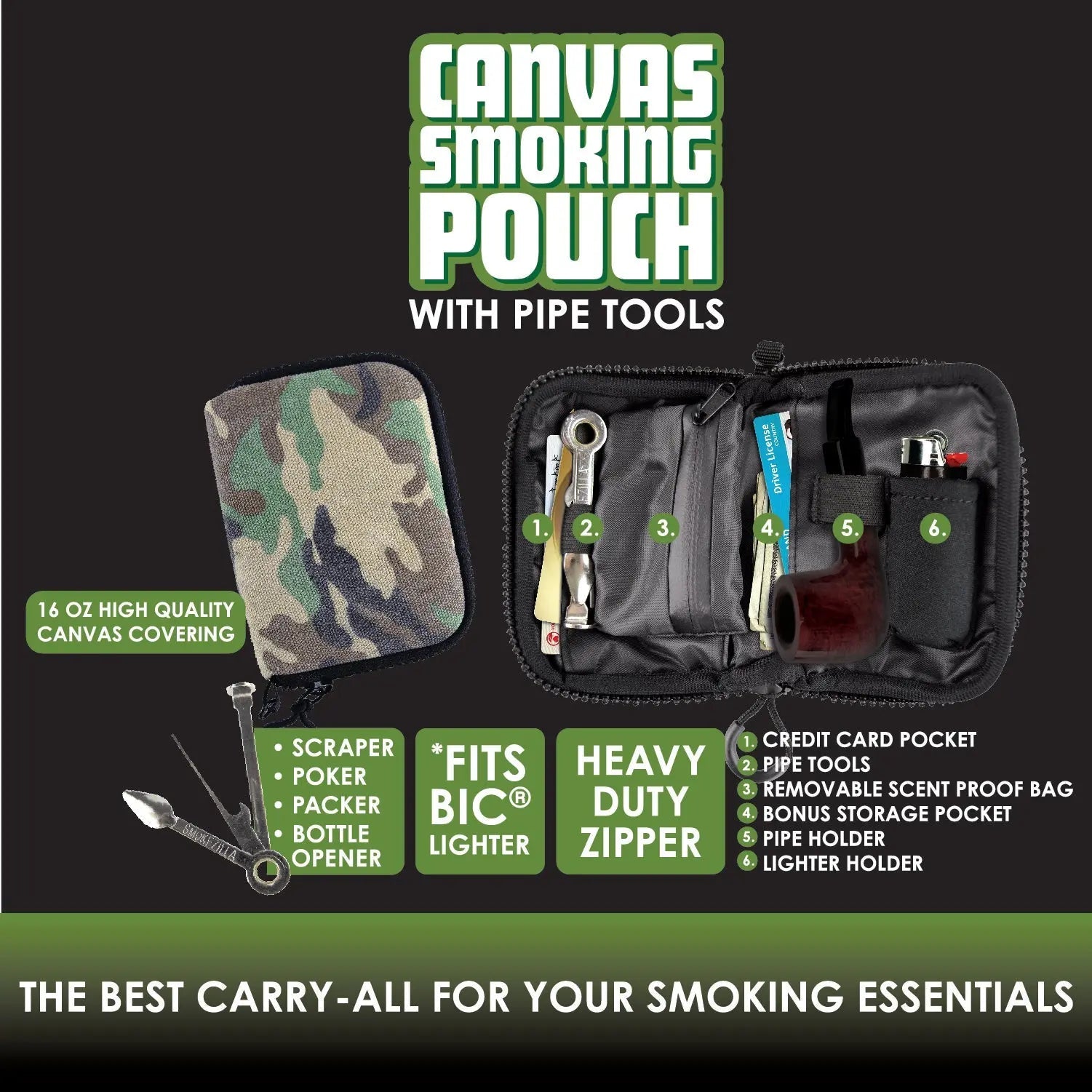 Canvas Smoking Pouch with Zipper - 6 Pieces Per Retail Ready Display 26016 SMOKEZILLA