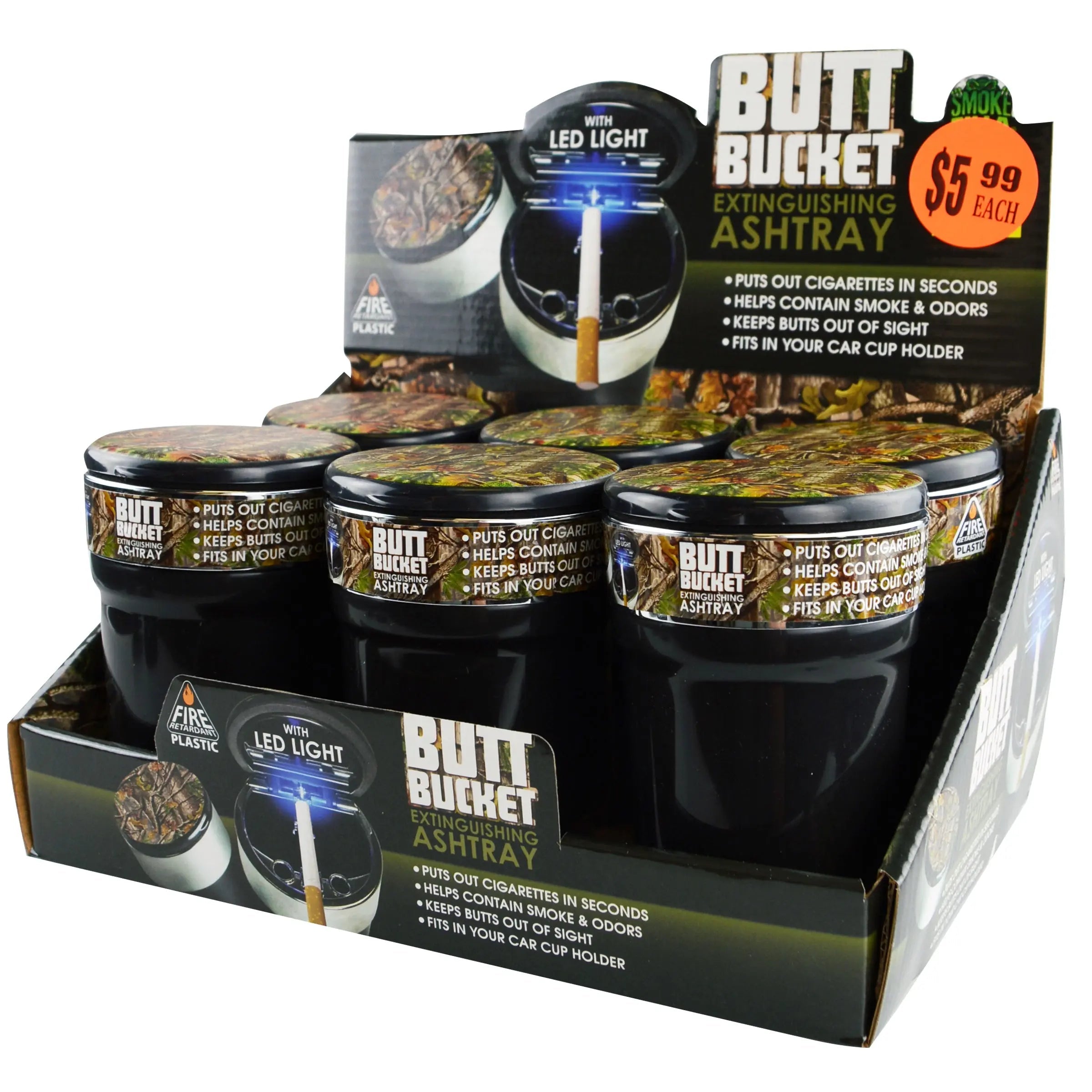 Printed Lid Camo Butt Bucket Ashtray with LED Light - 6 Pieces Per Retail Ready Display 40230 SMOKEZILLA