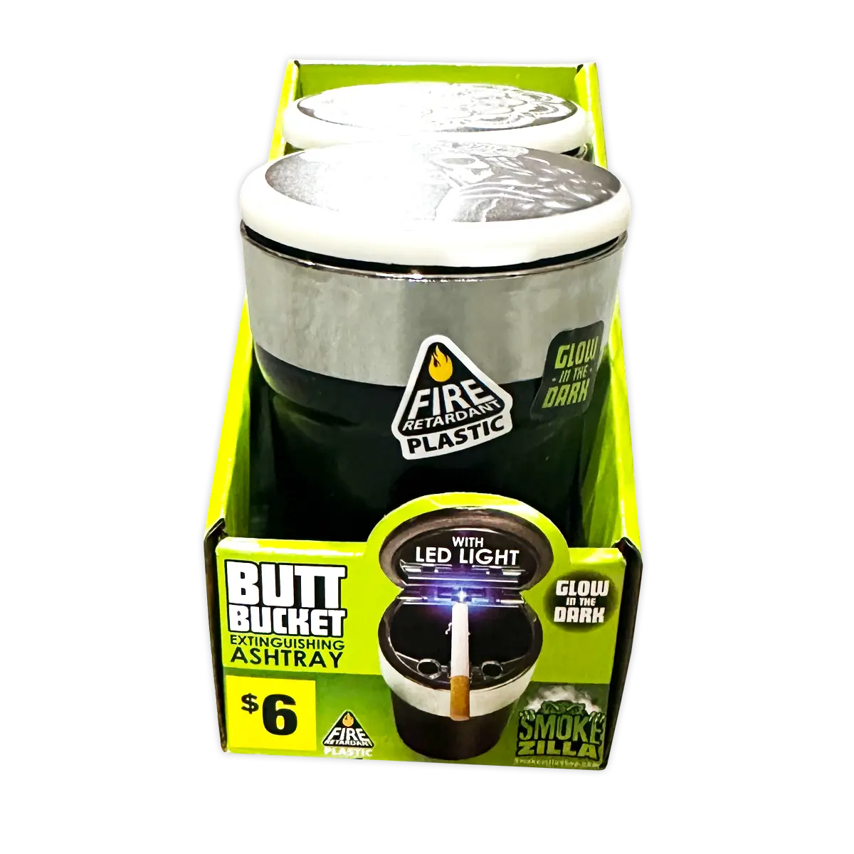 Glow In The Dark Printed Lid Butt Bucket Ashtray with LED Light - 2 Per Retail Ready Wholesale Display 40308 SMOKEZILLA