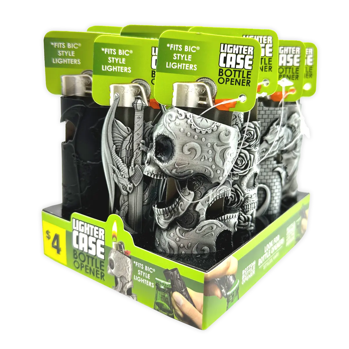 Metal Mystic Lighter Case with Bottle Opener Assortment - 12 Pieces Per Retail Ready Display 40314 SMOKEZILLA