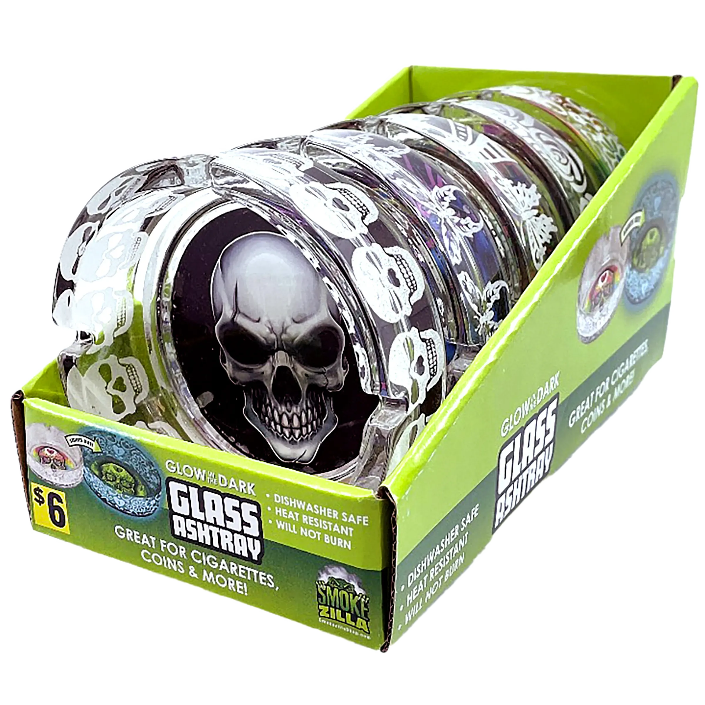 Glow in The Dark Glass Ashtray - 5 Pieces Per Retail Ready Display 41358 SMOKEZILLA