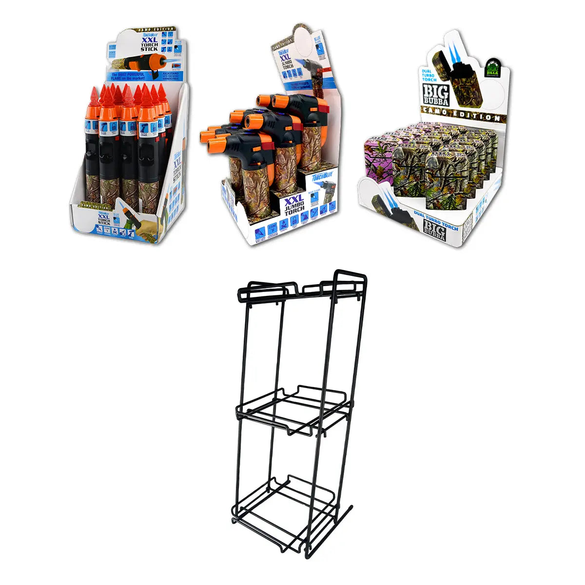 Camo Torch Tower – 3 Tier Metal Countertop Assortment - 39 Pieces Per Retail Ready Display 88671 TORCH BLUE