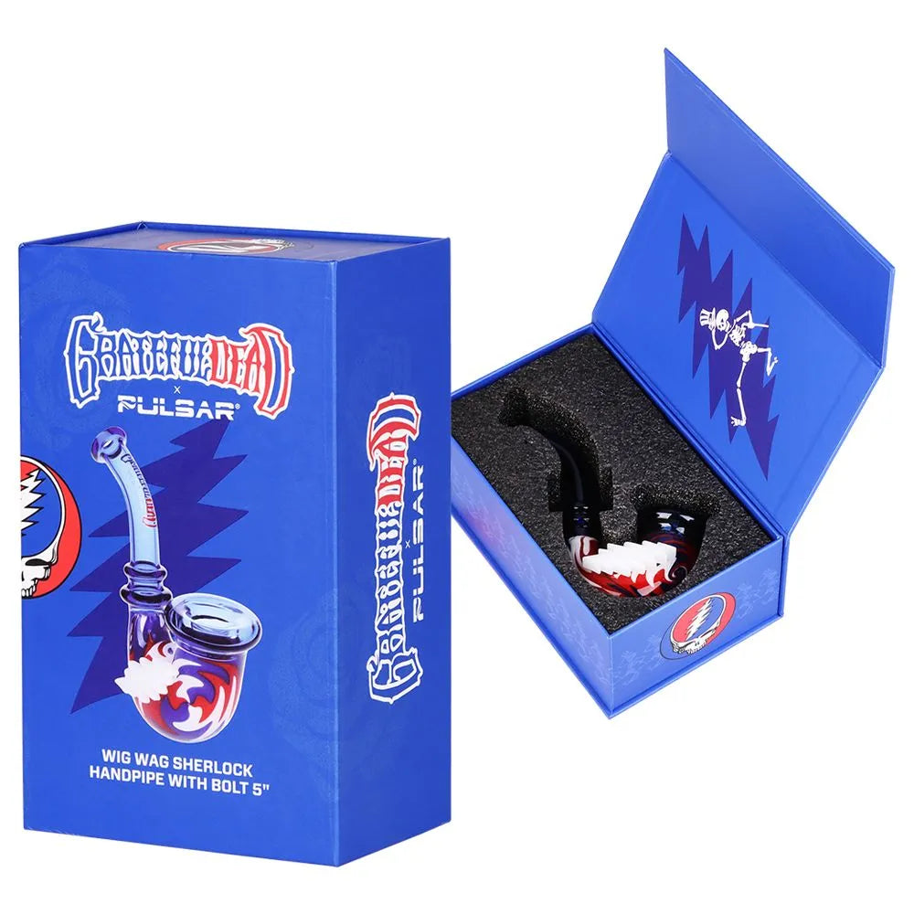Grateful Dead x Pulsar Bolt Handle Wig Wag Glass Sherlock Pipe - 5", BDD Wholesale
