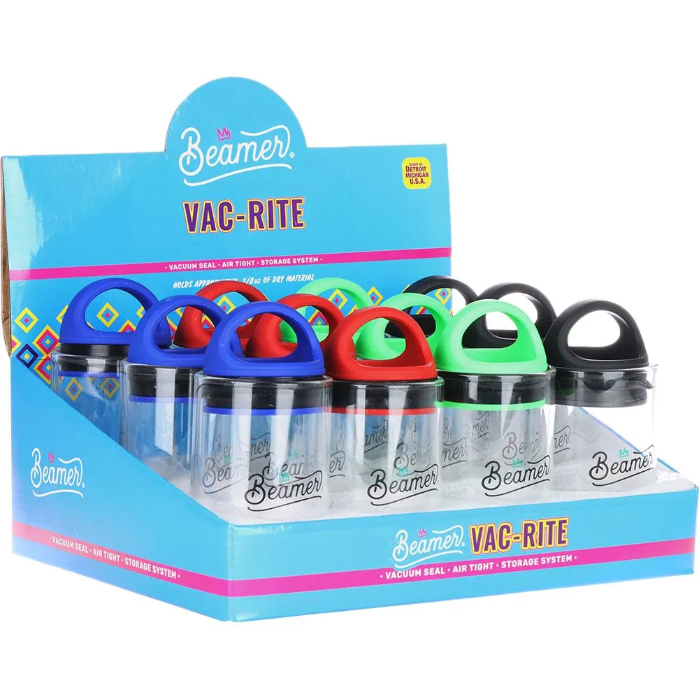 12CT DISPLAY - Beamer VAC-RITE Vacuum-Sealing Airtight Jar - 3.5g / Assorted Colors, BDD Wholesale