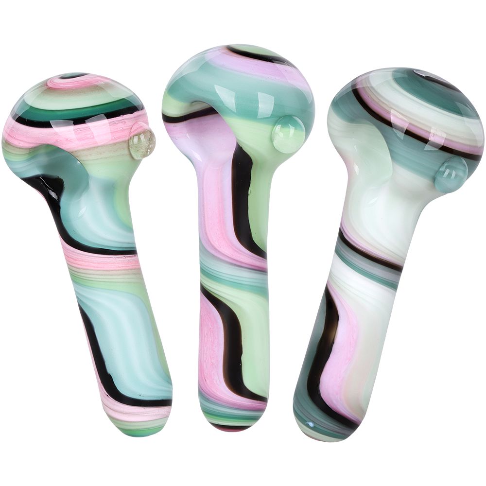 3CT BUNDLE - Heady Ribbons Glass Spoon Pipe w Marble - 4" / Assorted Colors, BDD Wholesale