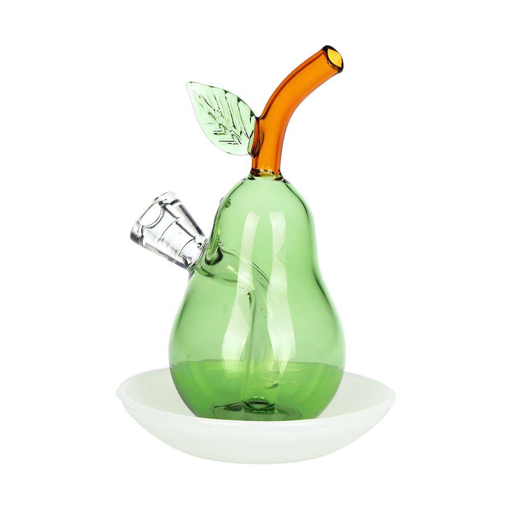 Perfect Pear on Dish Glass Cone Bubbler - 4.5" / Green, BDD Wholesale