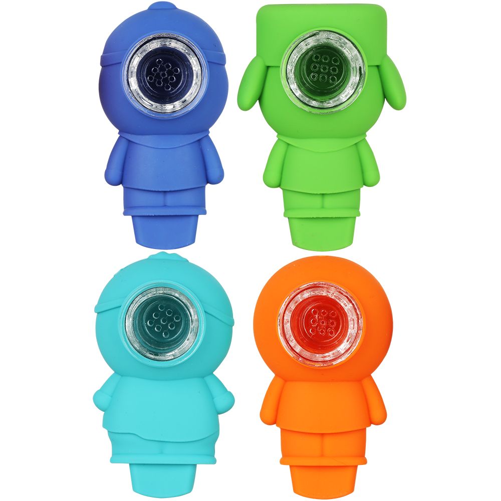 4CT BUNDLE - Cool Dudes Silicone Hand Pipe w/ Glass Bowl - 3" / Assorted Dudes, BDD Wholesale