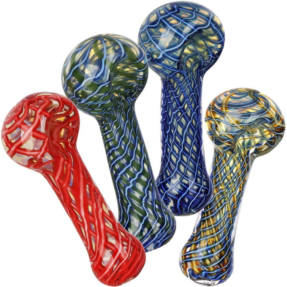 4CT BUNDLE - Netted Spirals Glass Spoon Pipe - 3.75"-4" / Assorted Colors, BDD Wholesale