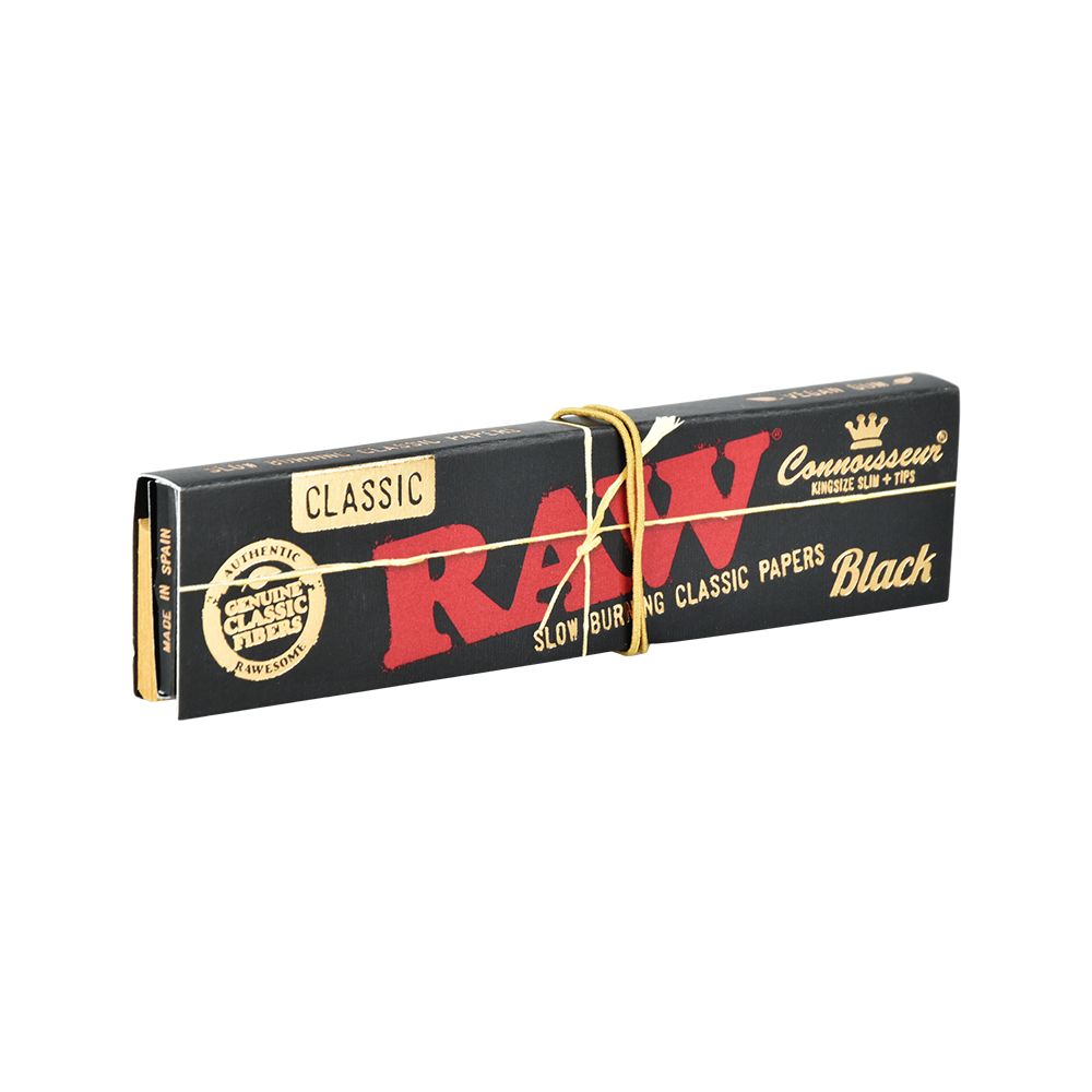 24CT DISPLAY - RAW Black Connoisseur Rolling Papers + Tips - Classic / 32pc / King Size Slim, BDD Wholesale