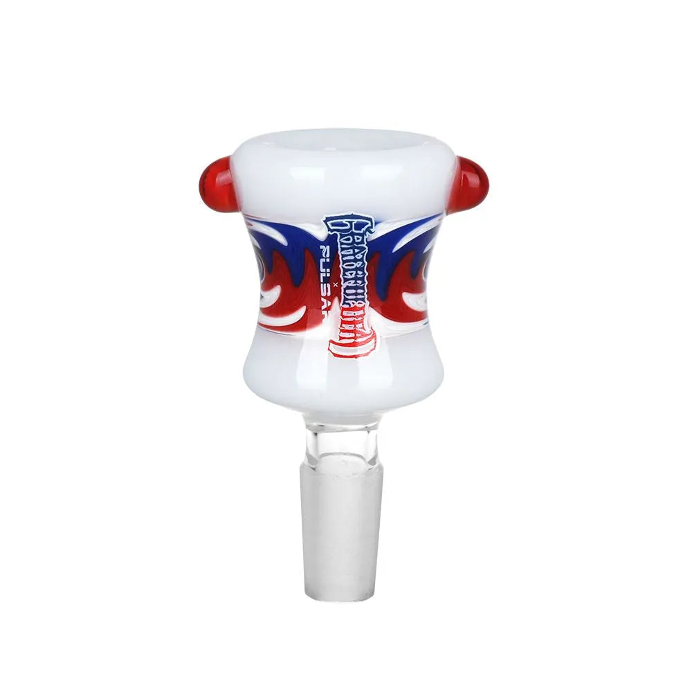 9CT DISPLAY - Grateful Dead x Pulsar Bolt Red White Blue Wig Wag Herb Slide - 14mm M, BDD Wholesale