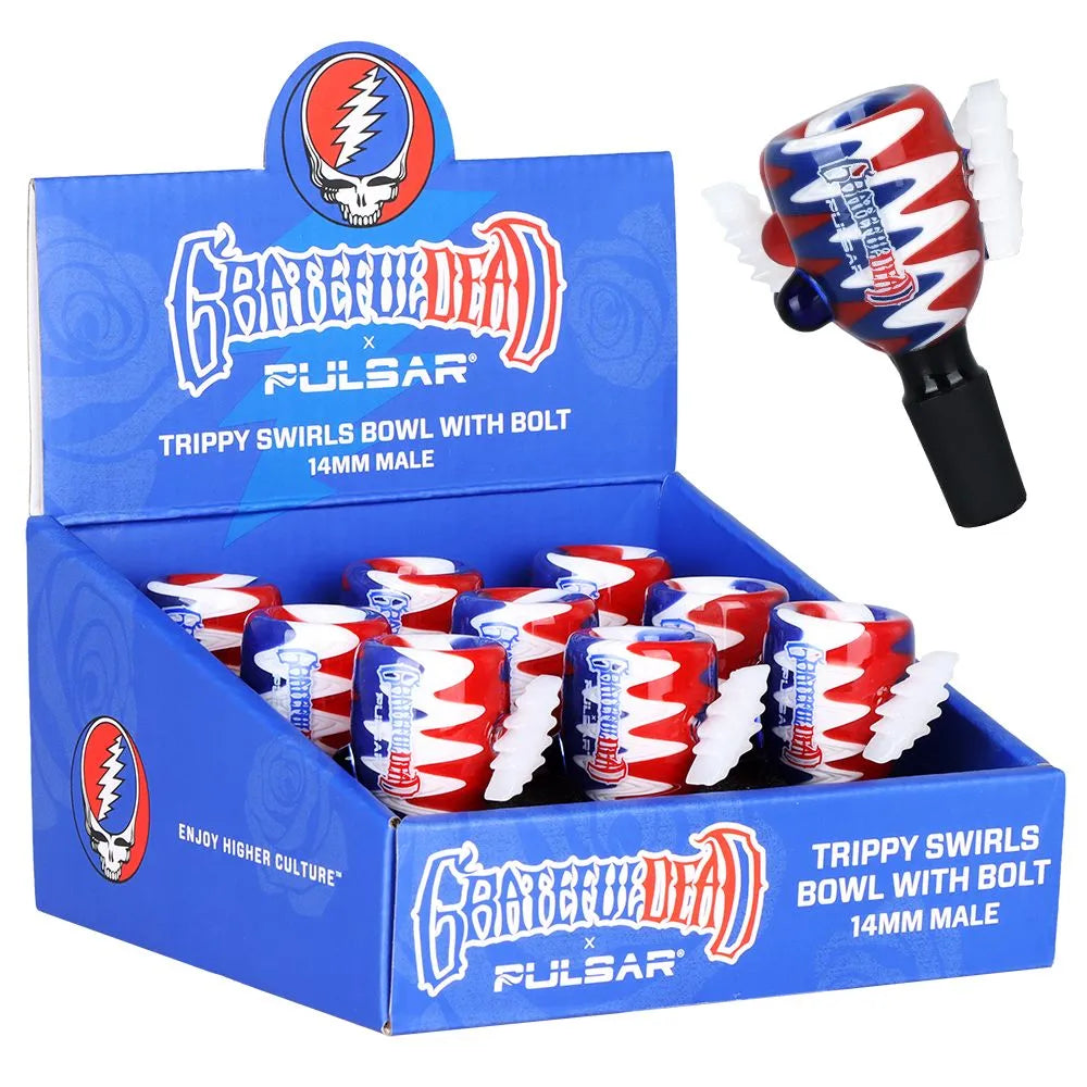 9CT DISPLAY - Grateful Dead x Pulsar Bolt Trippy Swirls Herb Slide - 14mm M, BDD Wholesale