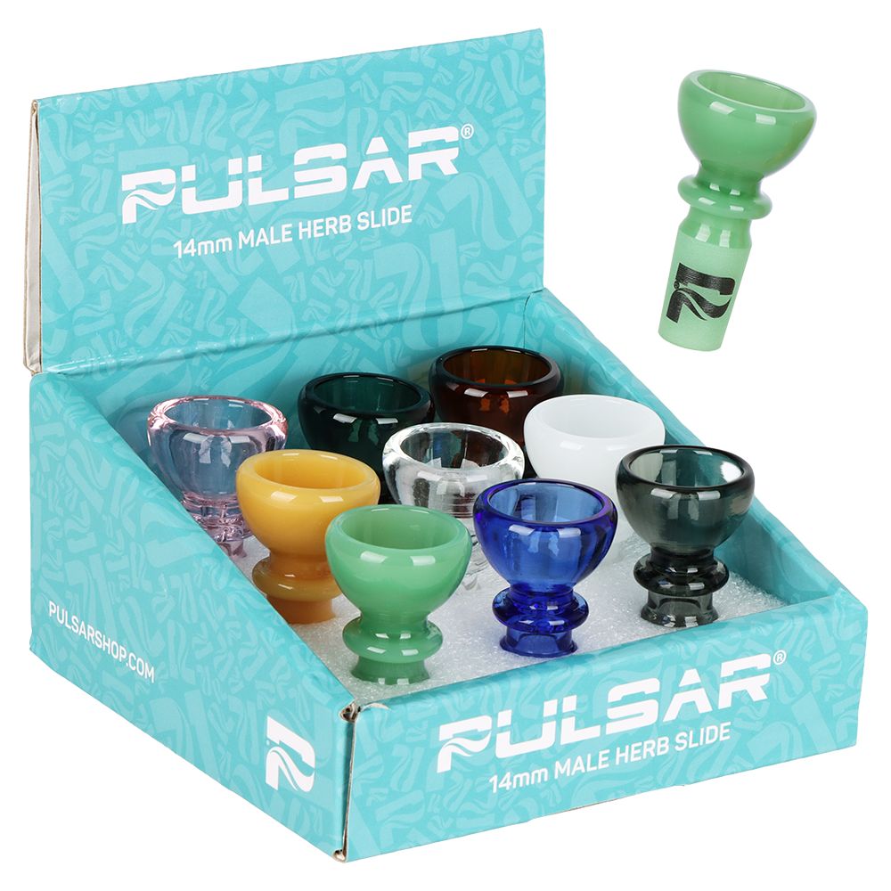9CT DISPLAY - Pulsar Goblet Glass Herb Slide - 14mm M / Assorted Colors, BDD Wholesale