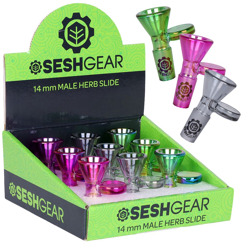 9CT DISPLAY - SeshGear Chromatic Funnel Bowl w/ Tab Handle - 14mm M / Assorted Colors, BDD Wholesale