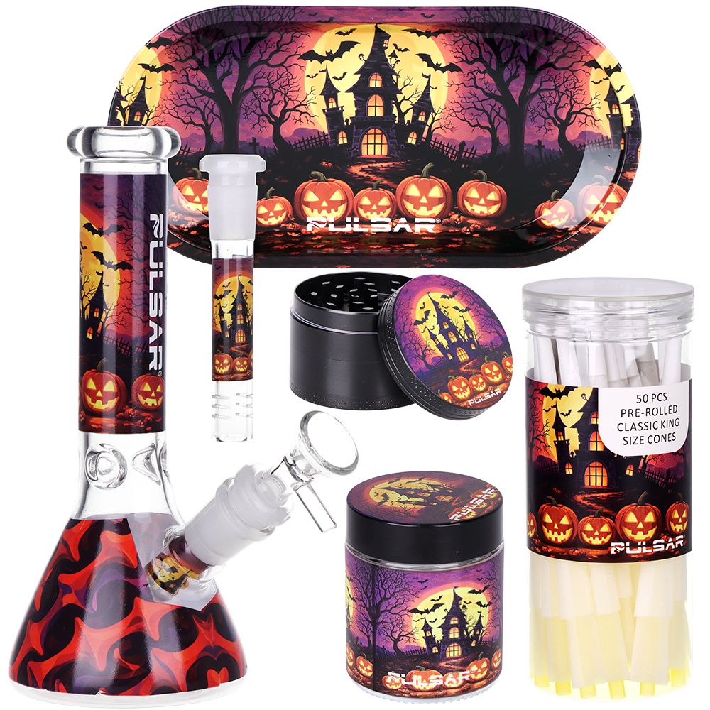 Pulsar Halloween House Beaker Glass Water Pipe Smokers Kit - 8" / 14mm F, BDD Wholesale
