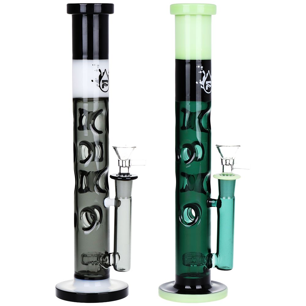 2CT BUNDLE - Pulsar Tri-Tone Holey Straight Tube Glass Water Pipe - 11.5" / 14mm F / Green/Black, White/Black, BDD Wholesale