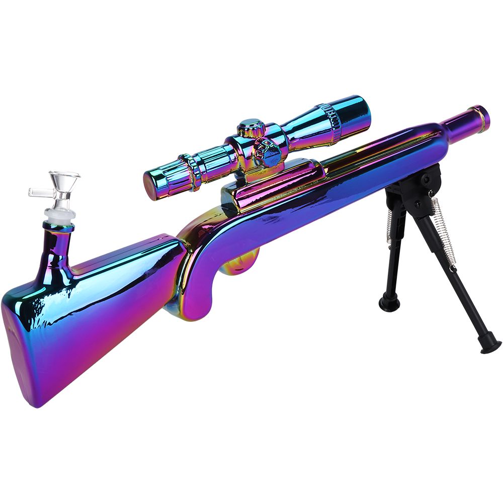 SeshGear Sniper Rifle Electroplated Glass Water Pipe w/ Stand - 19.75" / 14mm F / Clear, Smoke, Rainbow, BDD Wholesale