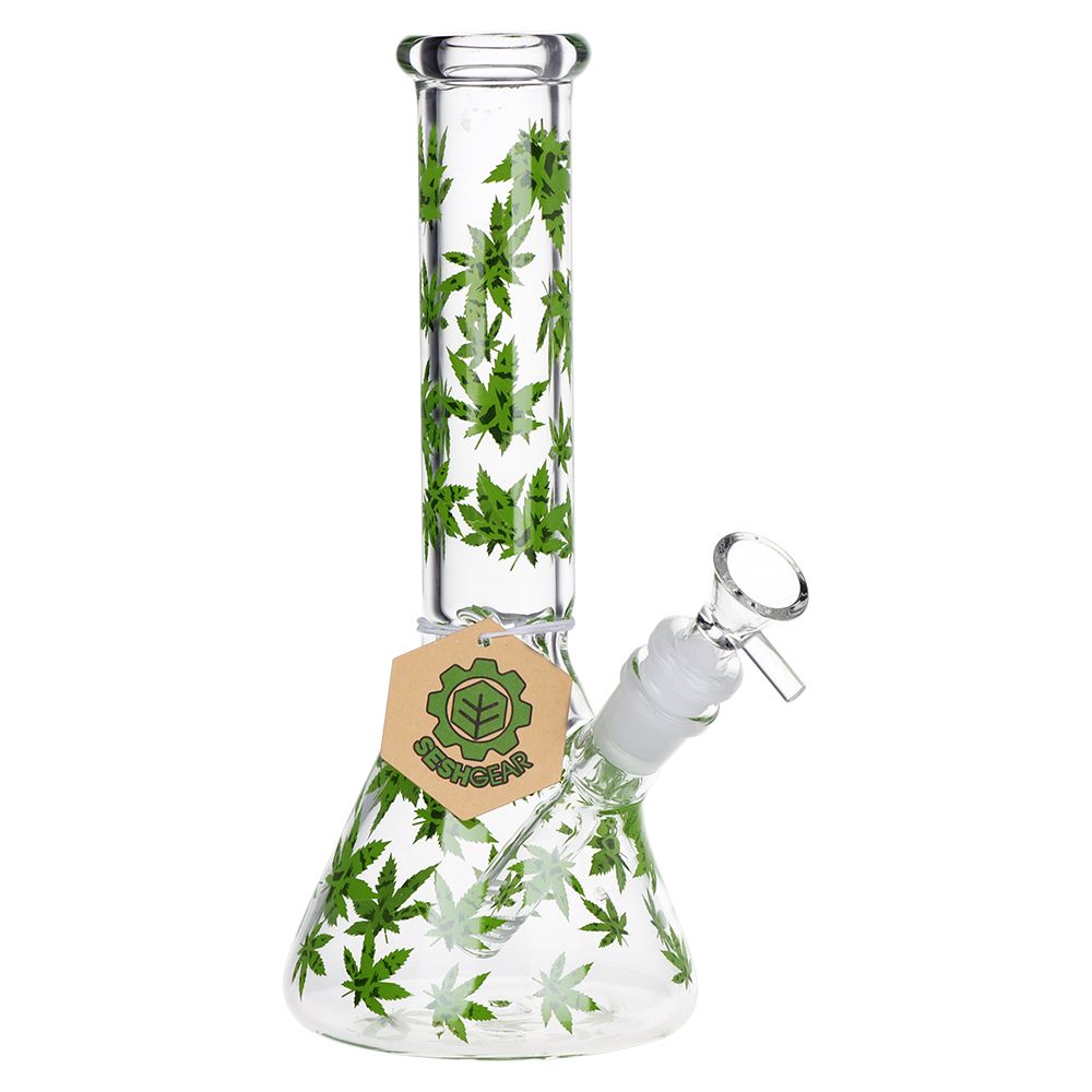 SeshGear Green Leaf Beaker Glass Water Pipe - 9.75" / 14mm F, BDD Wholesale
