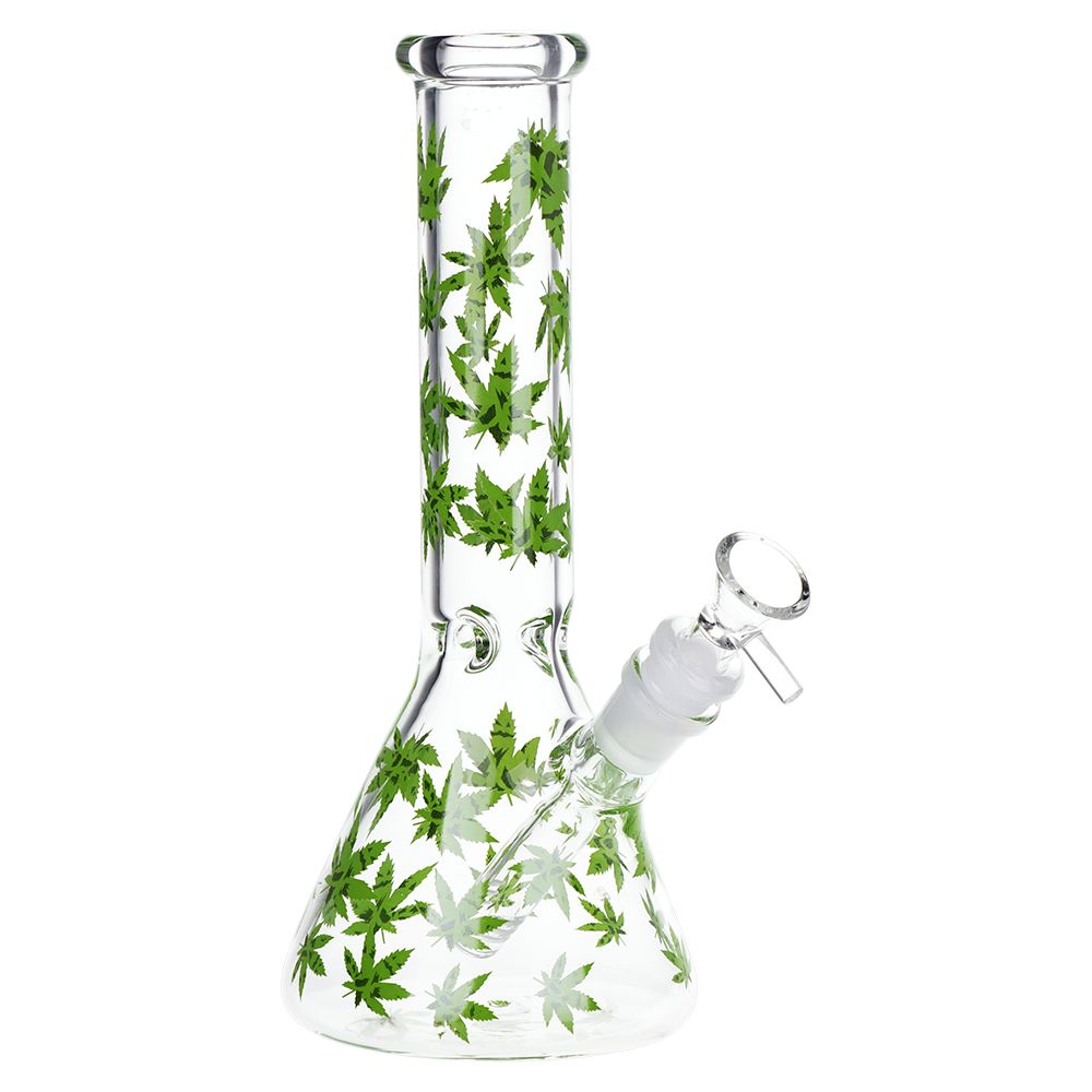 SeshGear Green Leaf Beaker Glass Water Pipe - 9.75" / 14mm F, BDD Wholesale