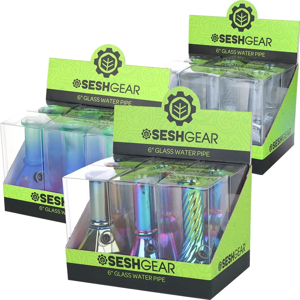 SeshGear Glass Mini Water Pipe | 6" | Grommet | Assorted Styles | 6ct Display, BDD Wholesale